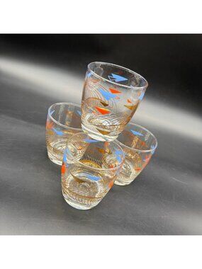 Futuristic Cocktail Glasses Atomic Boomerang Mid Century Modern 22K Gold Bar Vtg